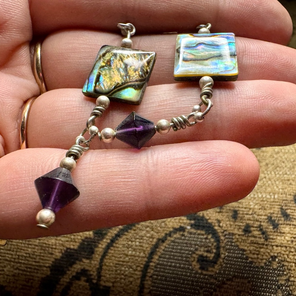 Abalone Shell, Amethyst and  Sterling silver earrings.